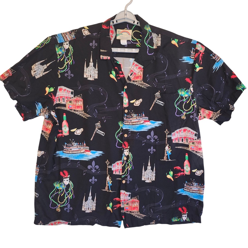 Paradise Found New Orleans Mardi Gras Hawaiian Shirt Black Rayon Men 3XL USA VTG
